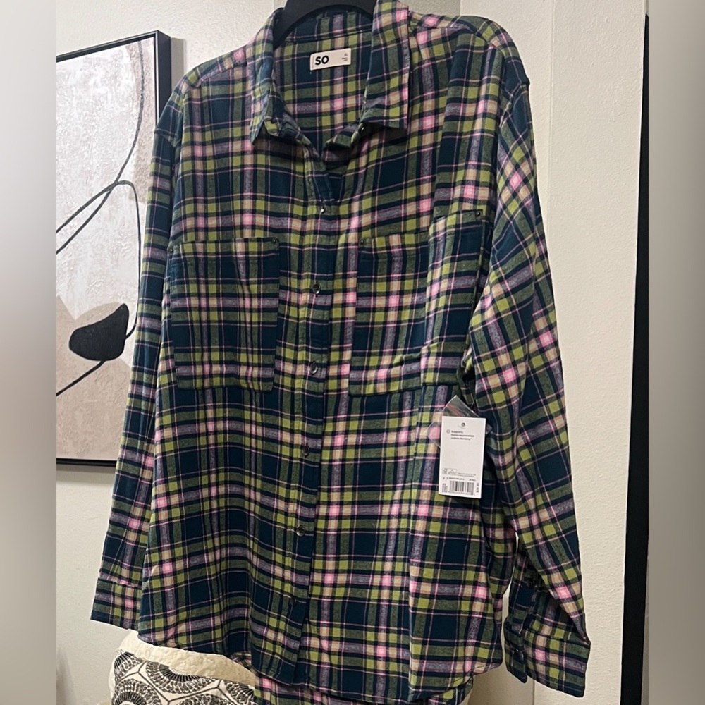 Juniors XL Oversized Flannel Button-down Shirt, 100% Cotton, NEW